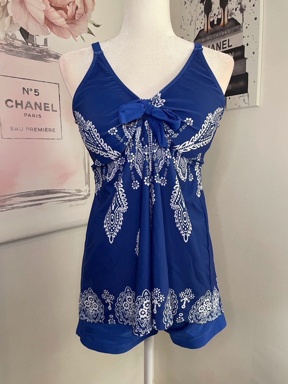 Paisley Print 2 Piece Tankini Blue & White Size 2X